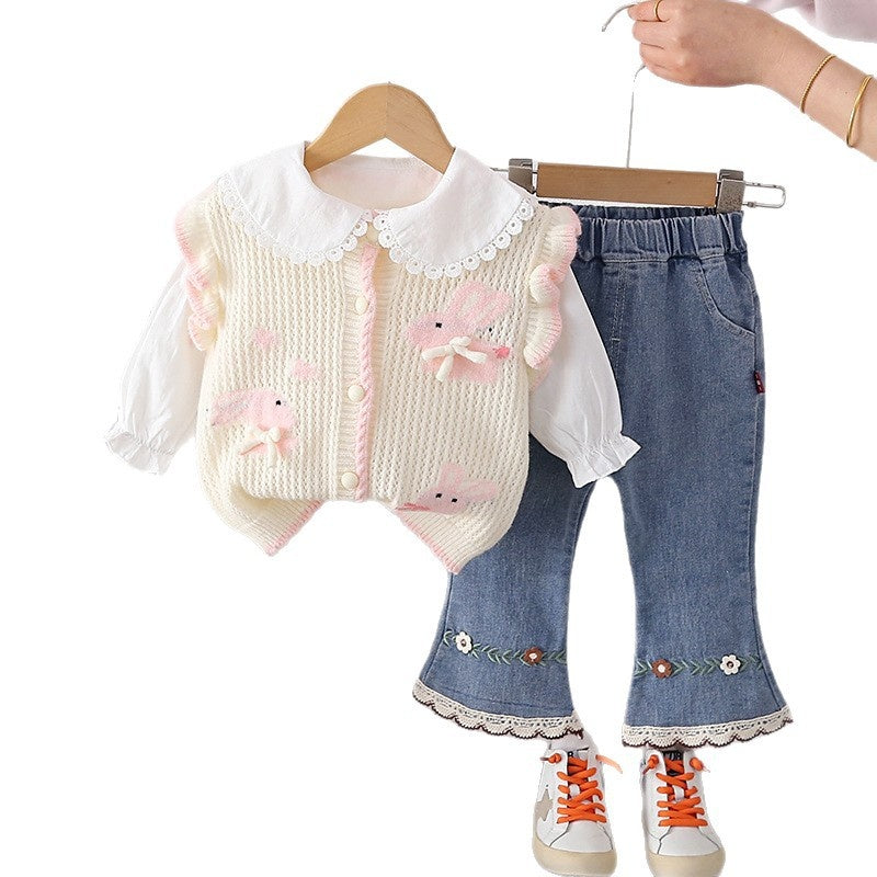 Girls' and Autumn Outfit 2026 New Fashionable Children's Three Rabbits Sweater Three-Piece Set Baby Spring Clothes Trendy