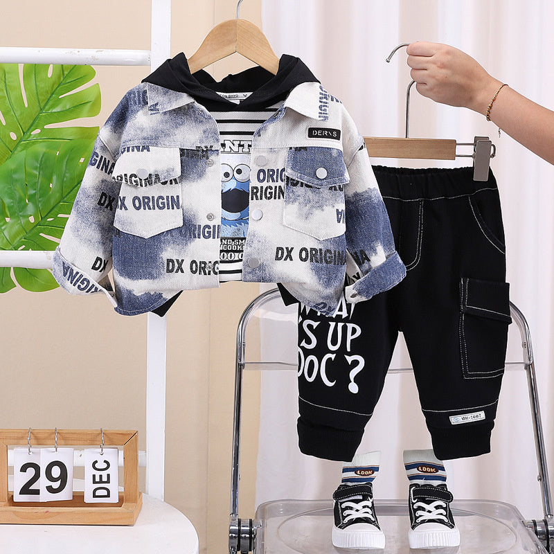 Jacket 2024 New Style Boys' Spring and Autumn Fashionable Letter Print Cool Three-Piece Set