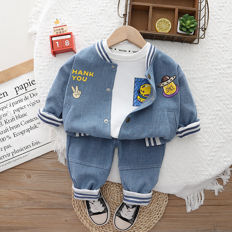 Boys' Spring and Denim Cartoon Three-Piece Set Baby Autumn Fashionable Stylish Toddler Clothes Infant Trendy Style