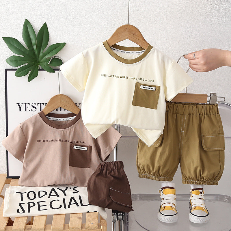 Boys' Outfit 2026 New Model Children's Short-Sleeve Fashionable Stylish Baby Summer Letter Pocket Logo Two-Piece Set