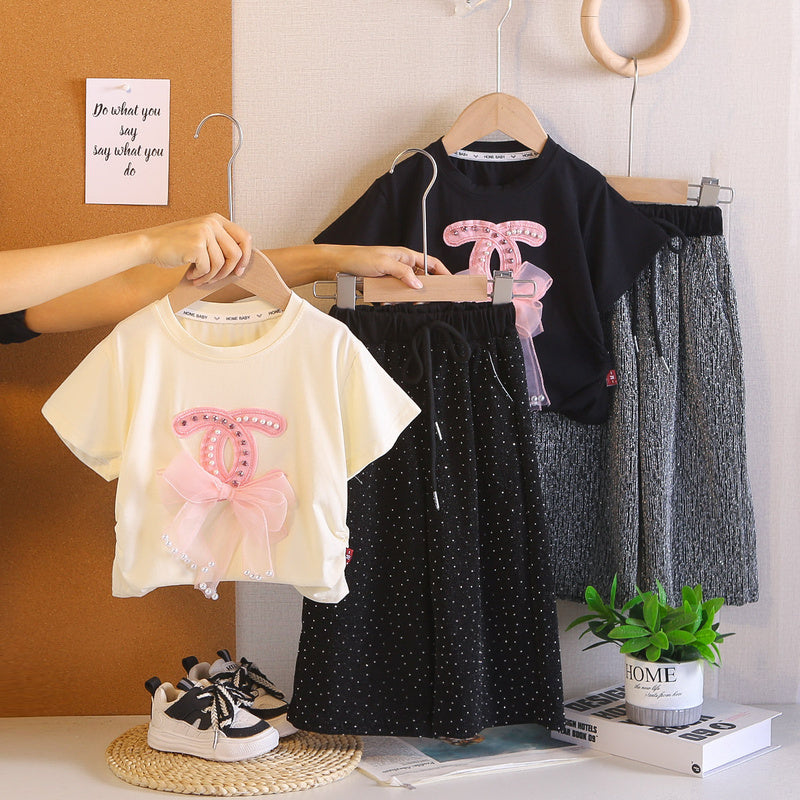 Girls' 2026 Summer New Outfit: Bowknot Short-Sleeve Two-Piece Set with Long Pants for Baby Girls, Children's Clothing