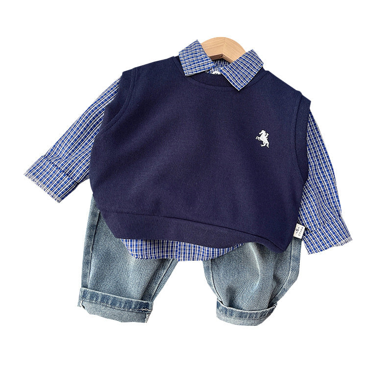 Boys' Suit 2025 New Fashionable Baby Vest Small Plaid Three-Piece Set Spring and Autumn Infant Trendy