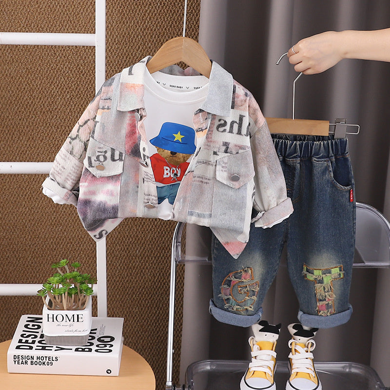 Boys' Outfit Children's Graffiti Workwear Stylish 1-2-3-4 Years Old Baby Spring Autumn Three-Piece Set One Piece Dropshipping
