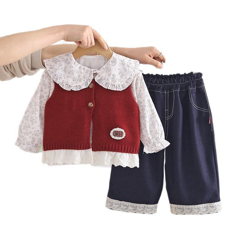 Girls' and Autumn 2026 New Fashionable Children's Casual Spring Outfit with Lace Cardigan Three-Piece Set