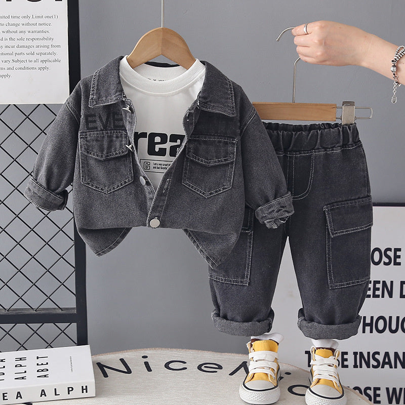 Boys' Spring Outfit 2026 New Fashionable Letter Denim Casual Three-Piece Set Children, Trendy and Stylish for Autumn