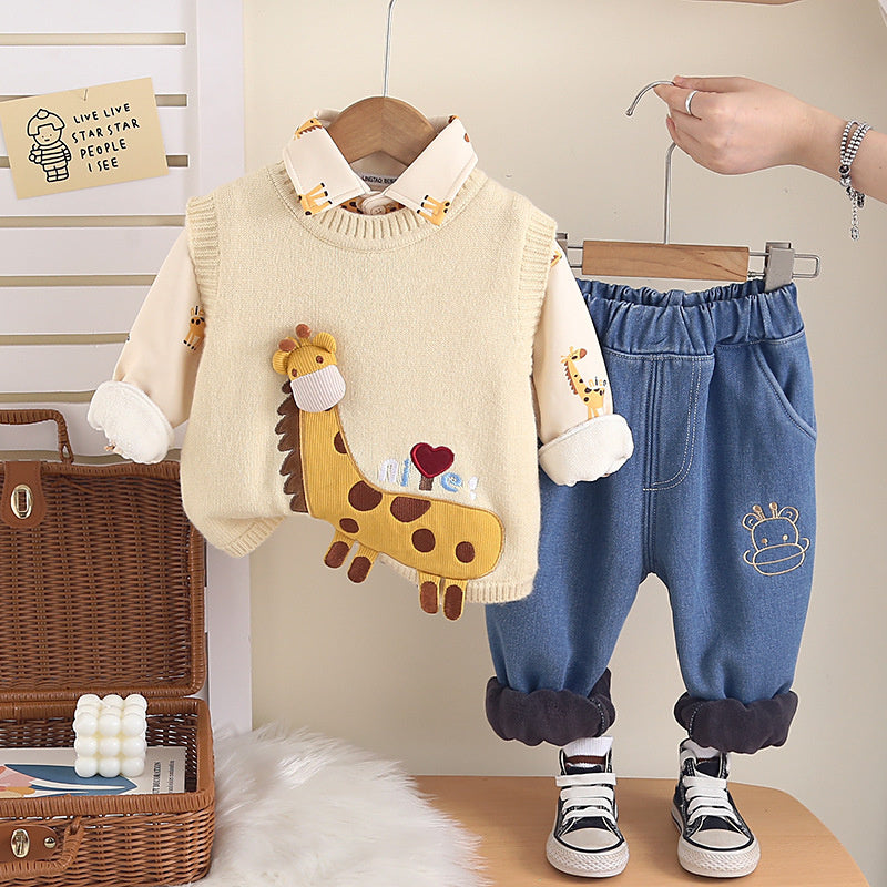 Baby Boy Thickened Giraffe Vest Three-Piece Set 2025 New Infant Children Autumn Winter Warm Clothing