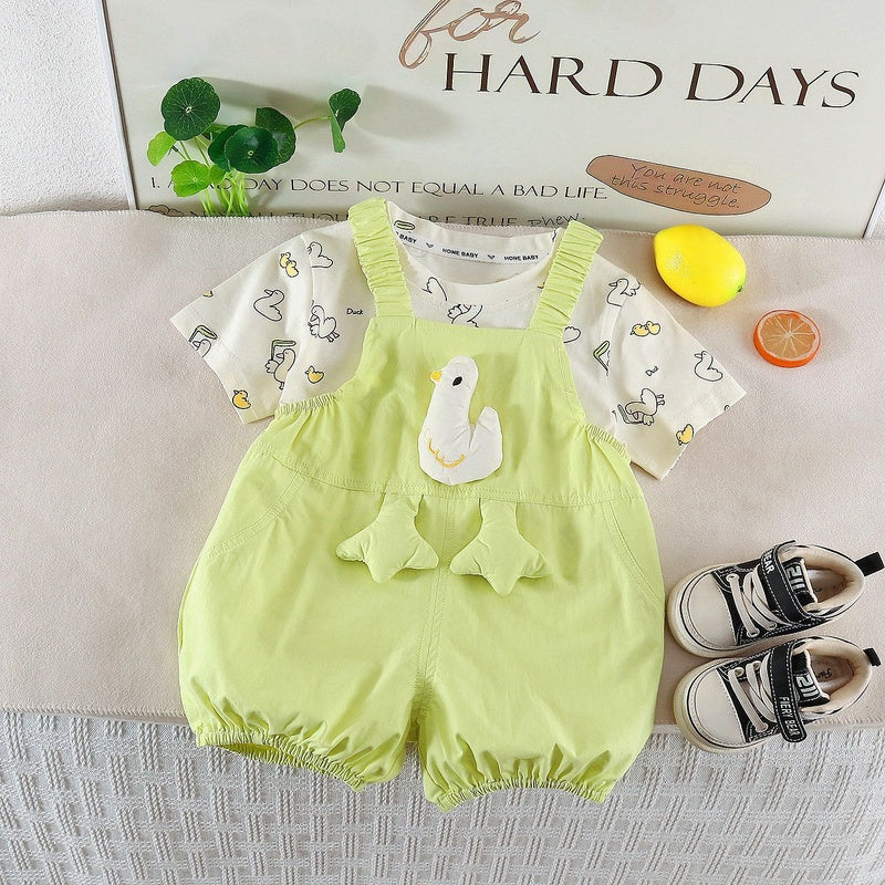 Girls' Summer Outfit, Stylish Children's Short-Sleeve Clothes, 2026 New Fashionable Baby Overalls Two-Piece Set