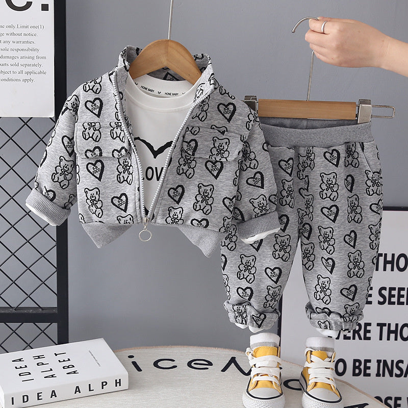Girls' Casual Zipper Shirt 2026 New Baby Spring and Autumn Full-Print Heart Bear Jacket Three-Piece Set