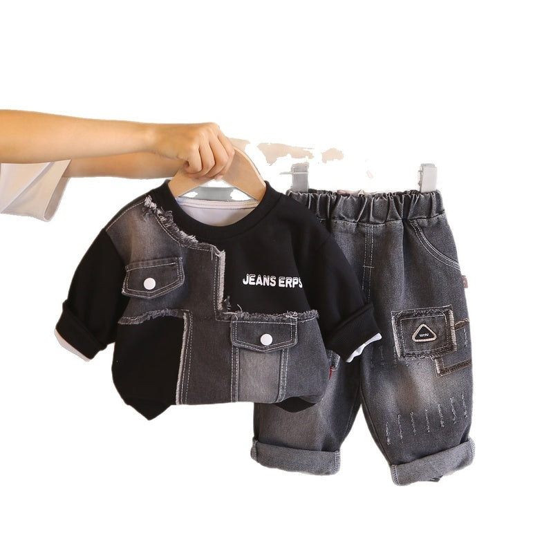 Boys' Sweatshirt and Autumn 2026 New Trendy Children's Sports Patchwork Clothes Baby Spring Set