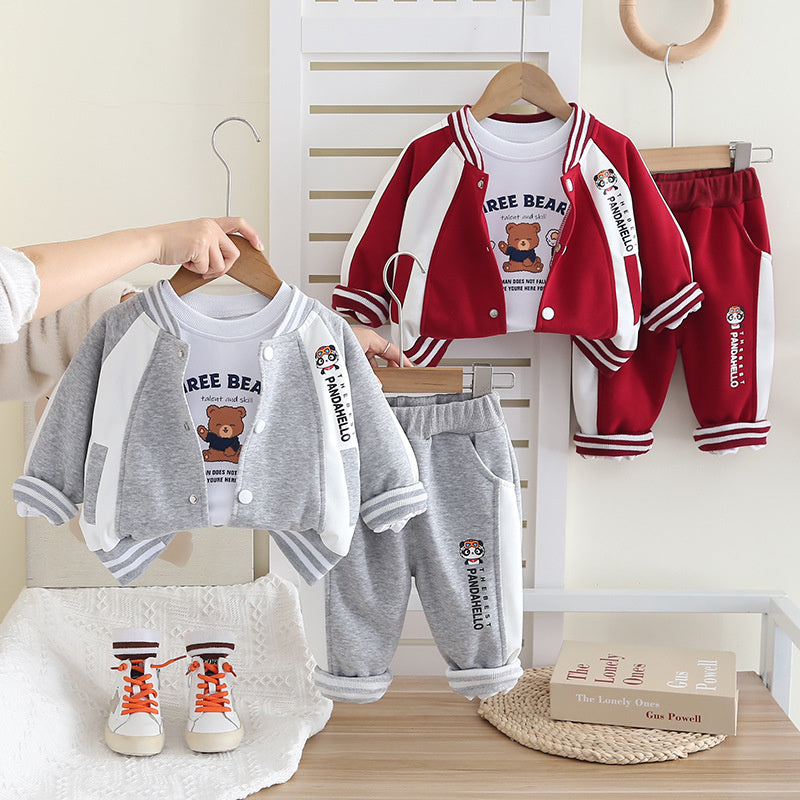 Sports Suit 2025 New Style Boys' Spring and Autumn Fashionable Color Block Baseball Jacket Three-Piece Set Trendy
