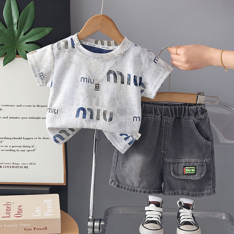Boys' clothing for ages 1-4, 2-year-old infants' clothing, 3-year-old boy's necklace short-sleeve set, 5-year-old summer two-piece outfit
