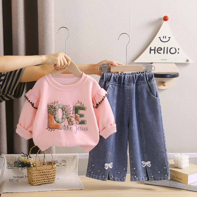 Girls' Outfit 2026 New Spring and Autumn Fashionable Letter Sweatshirt Two-Piece Set Baby Girls Trendy Korean Style for Children