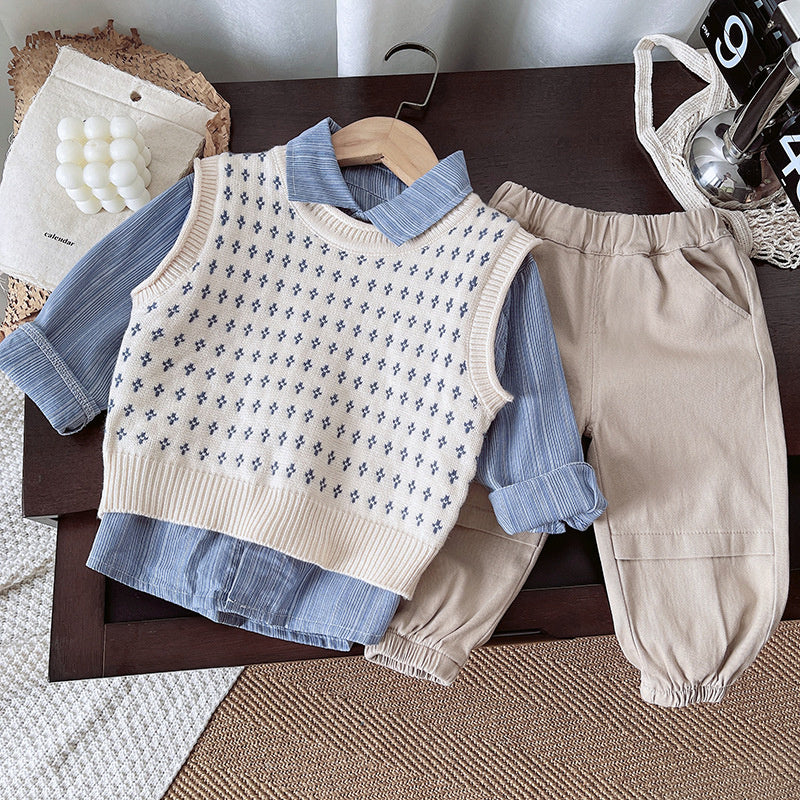 1 Year Old Baby Boy Outfit 2025 New Style 3 Boys Sweater Vest Three-Piece Set Spring and Autumn Infant Toddler Fashion