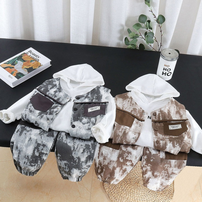 Boys' Outfit 2026 New Spring and Style Children's Fashionable Hooded Sweatshirt Baby Autumn Tie-Dye Vest Three-Piece Set