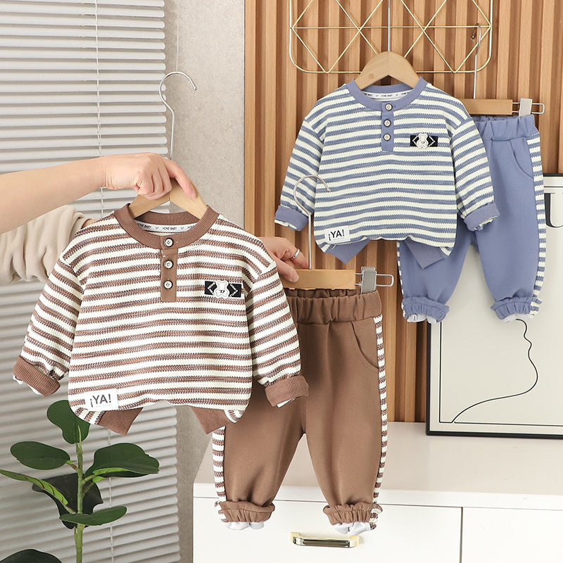 Outfit Round Neck Button Set 2024 New Children's Spring and Autumn 1 to 3 Years Old Boys' Stylish Clothes