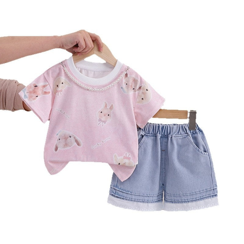 Baby Girl Outfit 2026 New Children's Clothing Thin Full-Print Bunny Short Sleeve Shorts Girls' Summer Wear