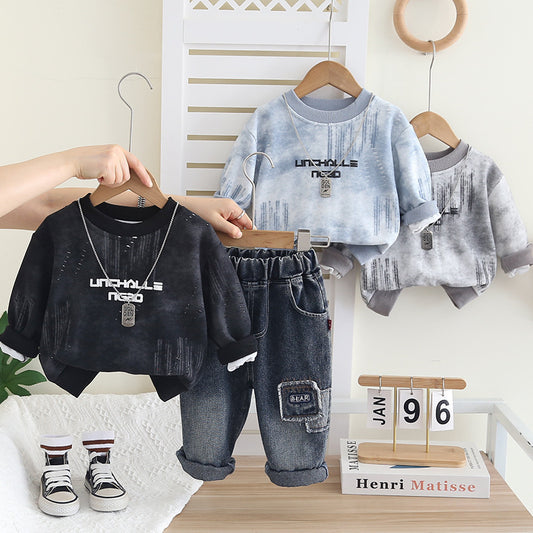 Boys' Spring Outfit Set, Spring-Autumn 2026 New Fashionable Tie-Dye Letter Sweatshirt and Pants, Stylish for Little Boys