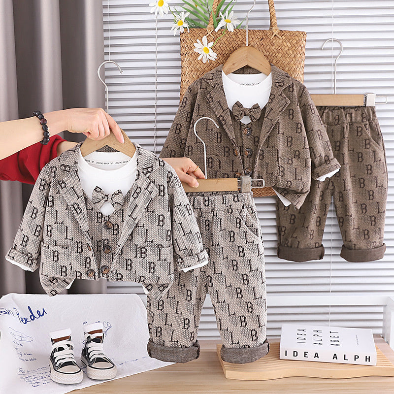 Boys' 2026 New Cool Stylish Children's Korean Version Full Letter Print Three-Piece Suit for Toddlers Spring and Autumn Trend