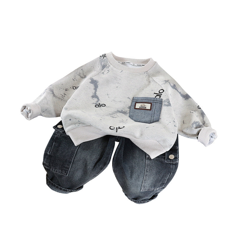 Boys' and Autumn Outfit 2026 New Fashionable Tie-Dye Pocket Two-Piece Set Children, Spring Casual Wear for Babies
