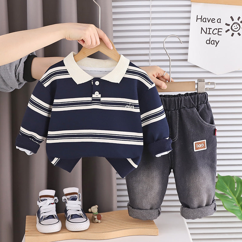 Boy's Trendy Stylish Striped Polo Suit 2026 New Model for 1-Year-Old Babies 3-Year-Olds, Boys' Spring and Autumn Clothing