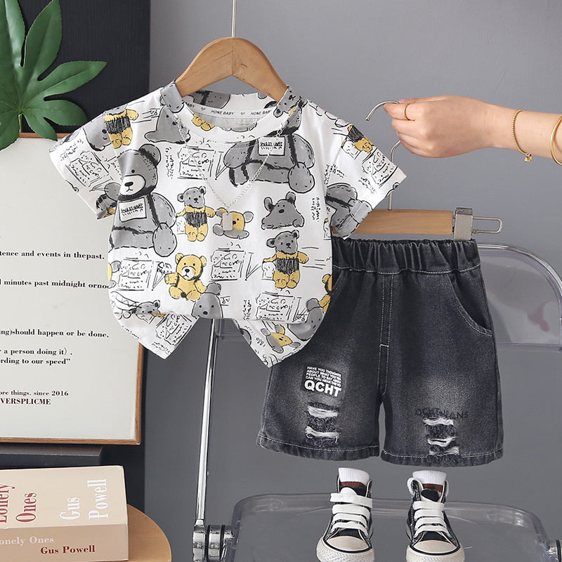 Boys' Outfit New Fashionable Children's Clothing Summer Baby Boy Cartoon Short Sleeve Two-Piece Set for Toddlers