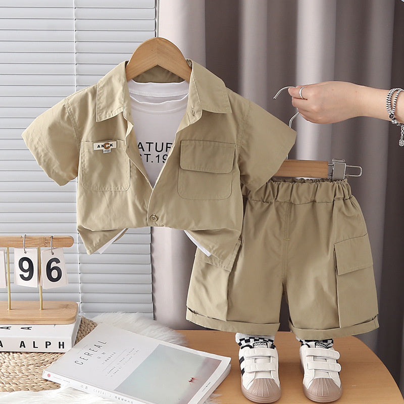 2026 Summer New Boys' Workwear Double-Pocket Short-Sleeve Baby Fashion Korean Style Children's Clothing Three-Piece Set