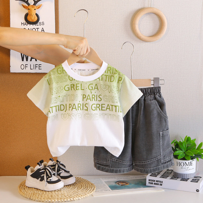 Boys' Outfit Gradient English Short Sleeve Set Stylish Baby Clothes 2026 New Model for Young Children Summer Fashion Clothing