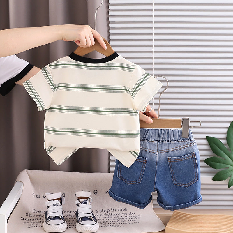 Children's Summer Outfit 2026 New Style Boys' Stylish Cartoon Pocket Short Sleeve Baby Sports Two-Piece Set Wholesale