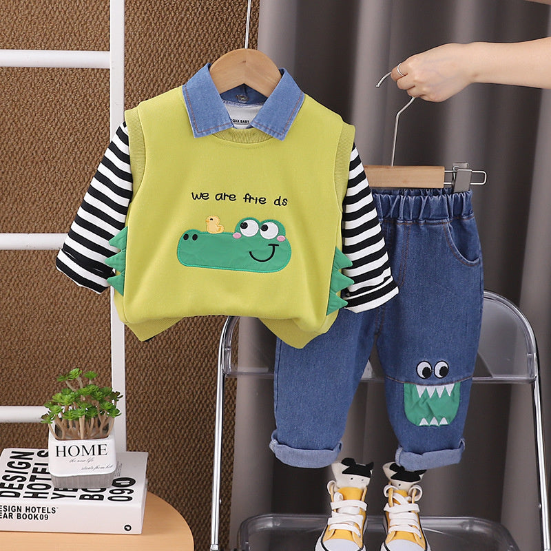 Children's Clothing Boys' 2024 New Cute Crocodile Vest Three-Piece Set Baby Autumn Stylish Cartoon Kids