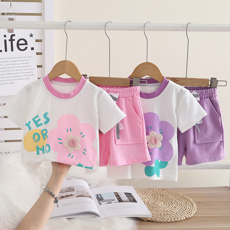 Girls' Short-Sleeve Outfit 2026 New Style Children's Summer Floral Round-Neck Stylish Two-Piece Set Baby Clothes Trendy