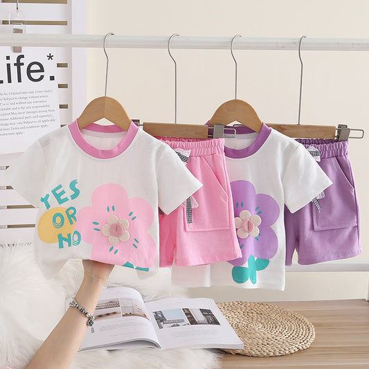 Girls' Short-Sleeve Outfit 2026 New Style Children's Summer Floral Round-Neck Stylish Two-Piece Set Baby Clothes Trendy