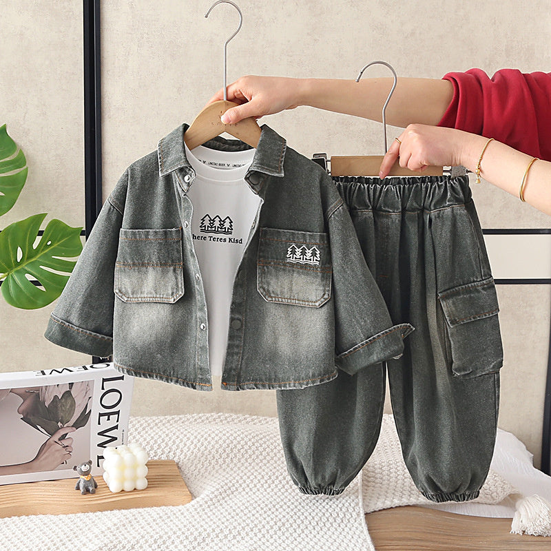 Boys' Outfit 2025 New Style 4: Stylish Children's Little Tree Denim Three-Piece Set Spring and Autumn, Trendy for 1-Year-Old Babies