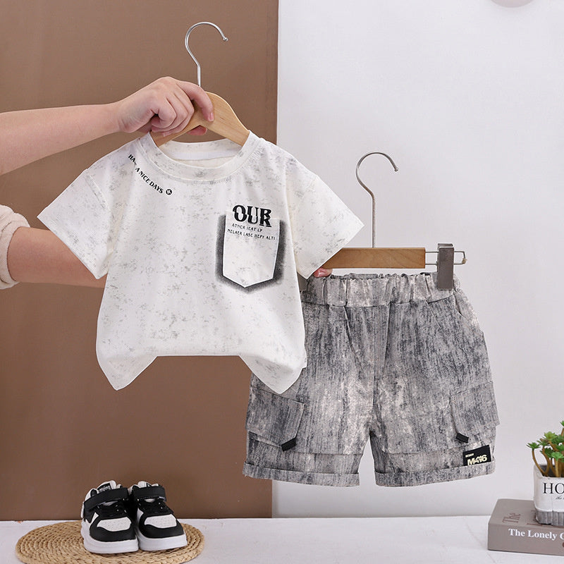Boys' Pocket Short Sleeve Set 2026 New Style Toddler Casual Wear Baby Children's Summer Thin Infant Trendy Clothes