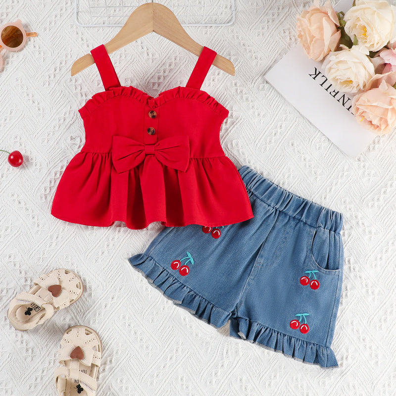 Exclusive for cross-border foreign trade: Girls' summer ruffled camisole top + embroidered denim pocket shorts set
