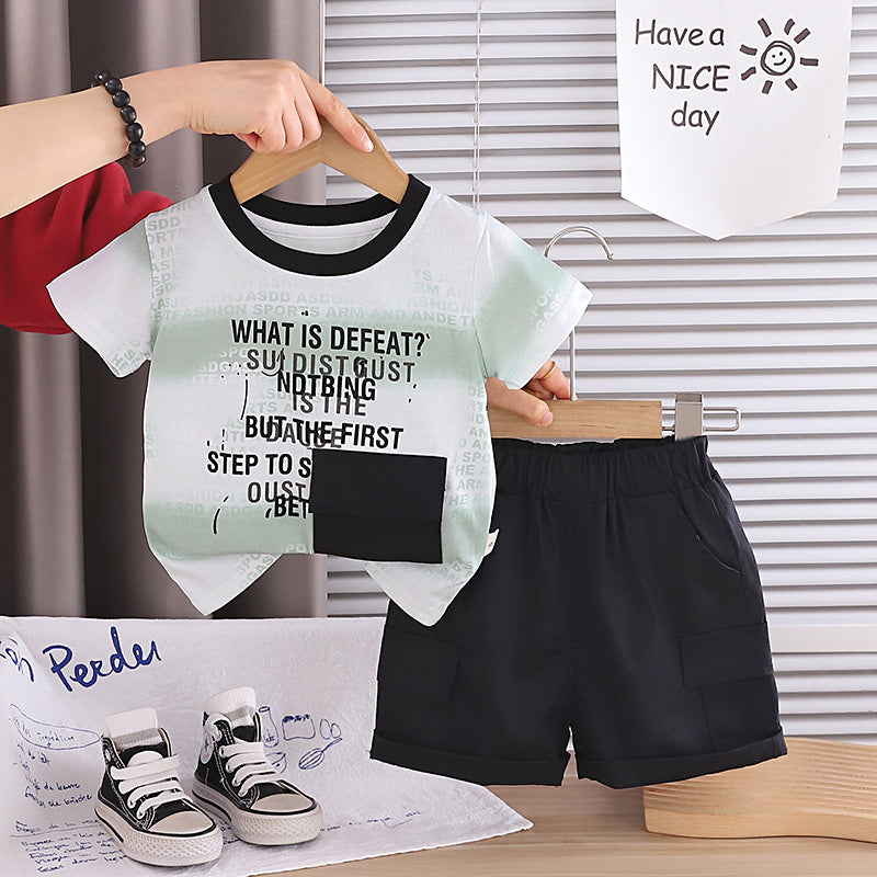 Baby boy short-sleeve two-piece set 2026 new children's summer clothing thin gradient wide stripe pocket suit for boys