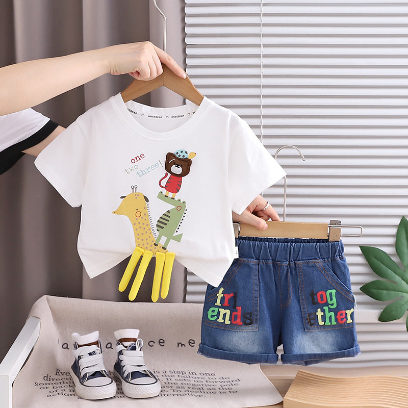 Boys' Outfit Cartoon Giraffe Animal Short Sleeve Two-Piece Set 2026 New Fashionable Baby Summer Children's Clothes