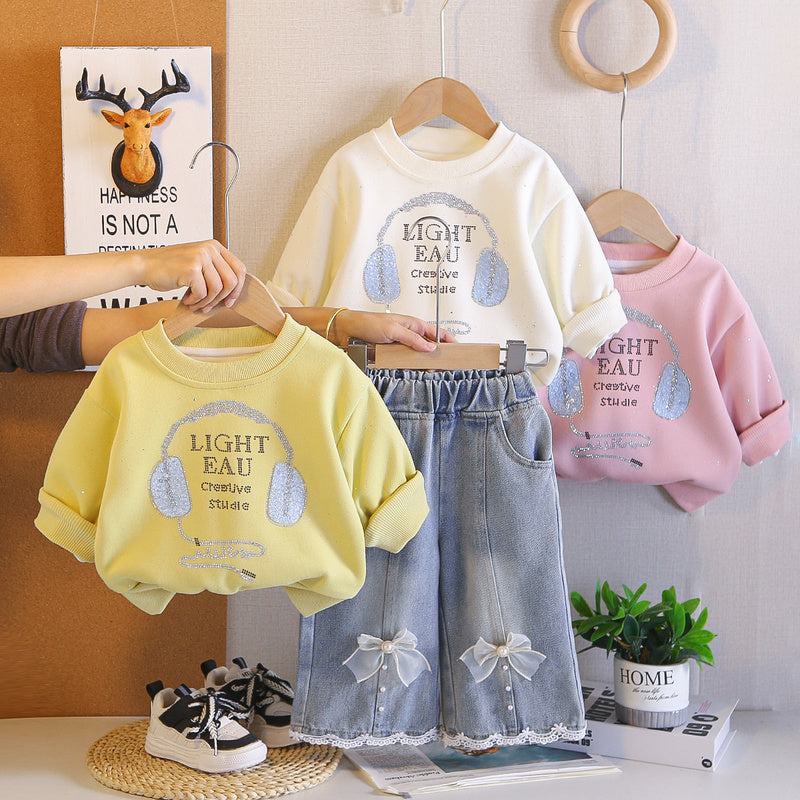 Girls' Rhinestone Earphone Hoodie Set, 2026 New Fashionable Children's Spring Outfit, Cute Two-Piece Set for Babies