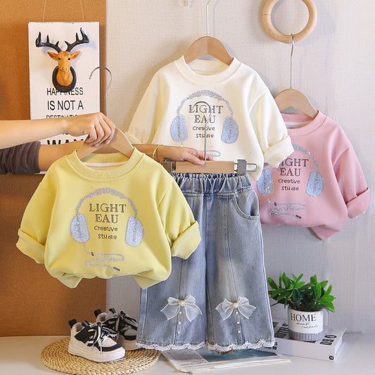 Girls' Rhinestone Earphone Hoodie Set, 2026 New Fashionable Children's Spring Outfit, Cute Two-Piece Set for Babies