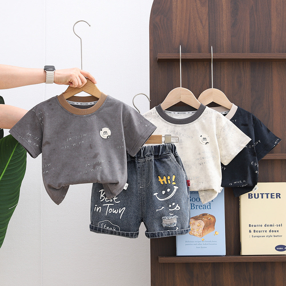 Boys' Outfit Set 2026 New Baby Summer Round-Neck Short-Sleeve Thin Korean Style Two-Piece Trendy Children's Clothing