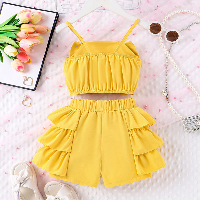 Baoxin Children's Clothing Cross-Border European and American Summer New Girls' Outfit: Pearl Bow Strap Top + Cake Hem Shorts