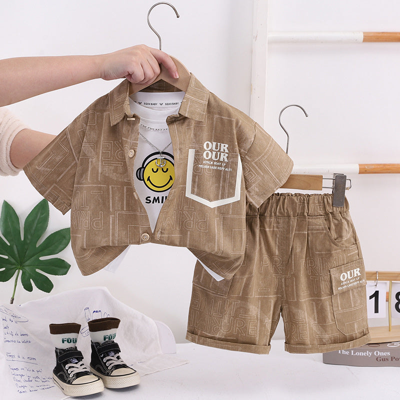 Children's Summer Fashionable Outfit 2026 New Style for Young Boys, Pocket Cardigan Short Sleeve, Baby Boy Shorts Three-Piece Trendy Set