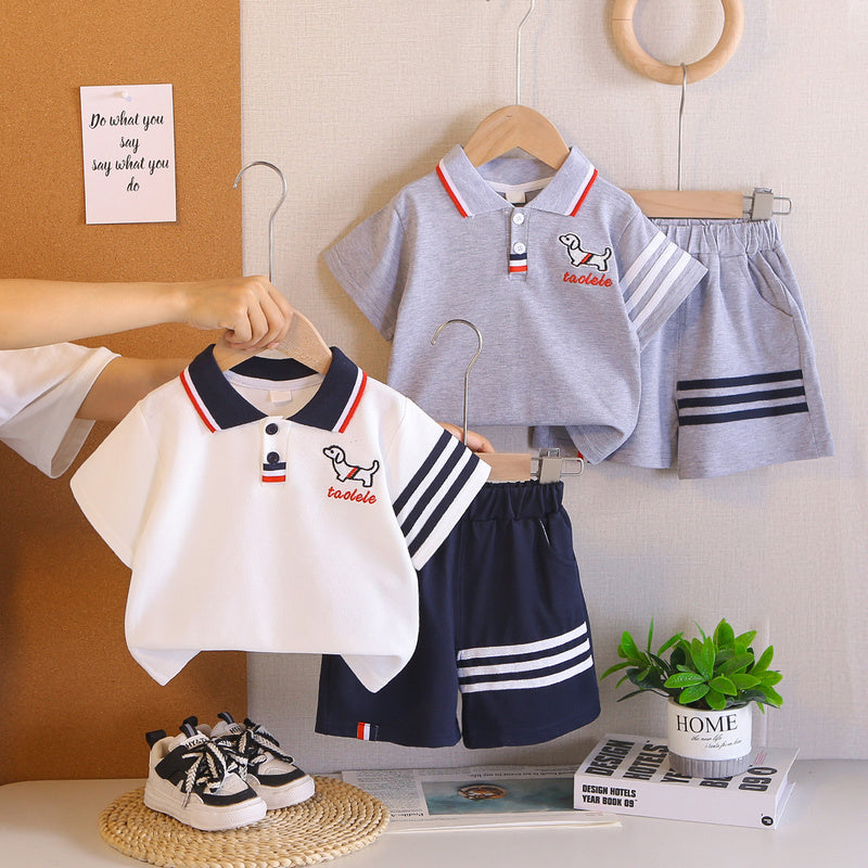 Children's outfit boys: puppy print Polo shirt, short-sleeved, lightweight, stylish two-piece set with shorts for baby boys, casual summer wear