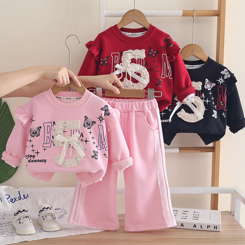 Girls' Fashionable Sporty Digital Print Bow Sweatshirt Set Baby Autumn Stylish Infant Children's Clothing Wholesale