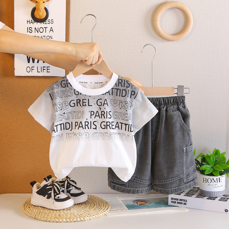 Boys' Outfit Gradient English Short Sleeve Set Stylish Baby Clothes 2026 New Model for Young Children Summer Fashion Clothing