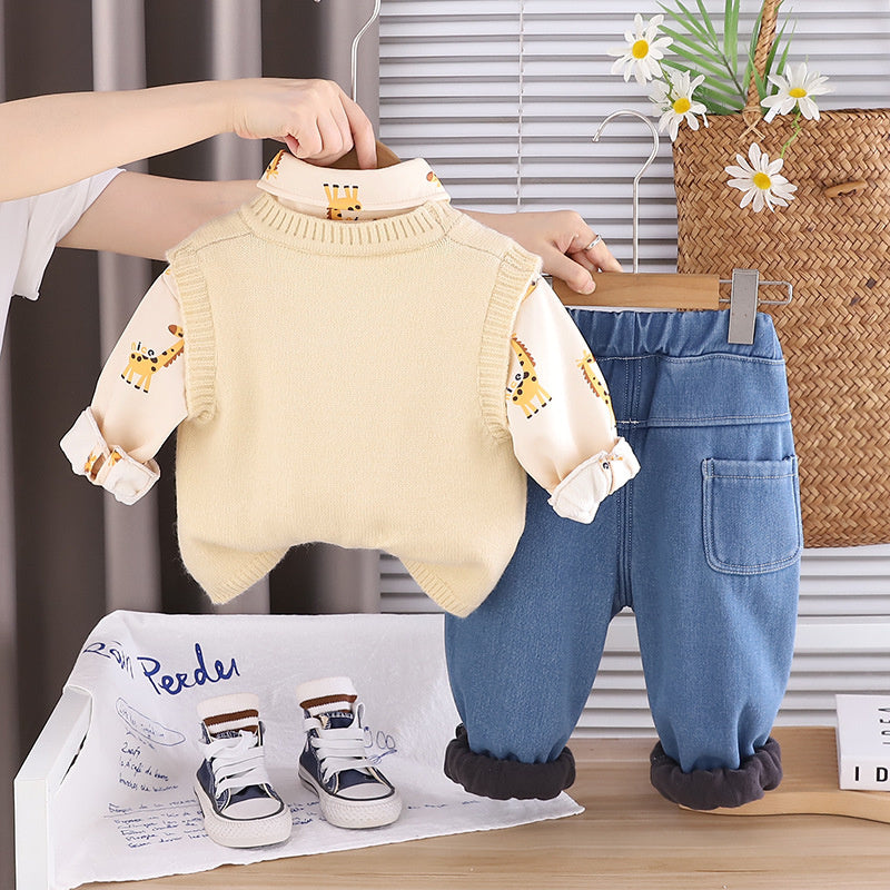Baby Boy Thickened Giraffe Vest Three-Piece Set 2025 New Infant Children Autumn Winter Warm Clothing