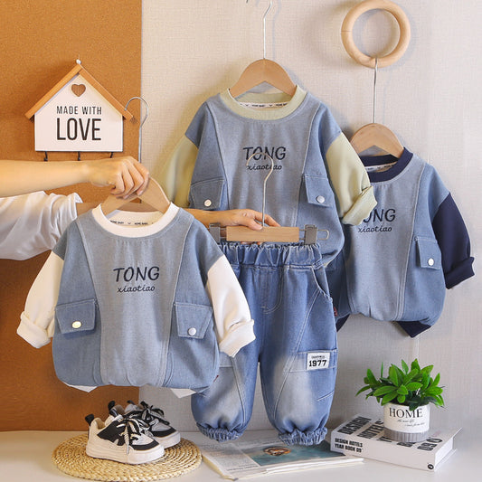 Boys' Spring and 2026 New Outfit: Children's Korean-style Pocket Color-block Denim Sweatshirt, Baby's Autumn Two-piece Trendy Set