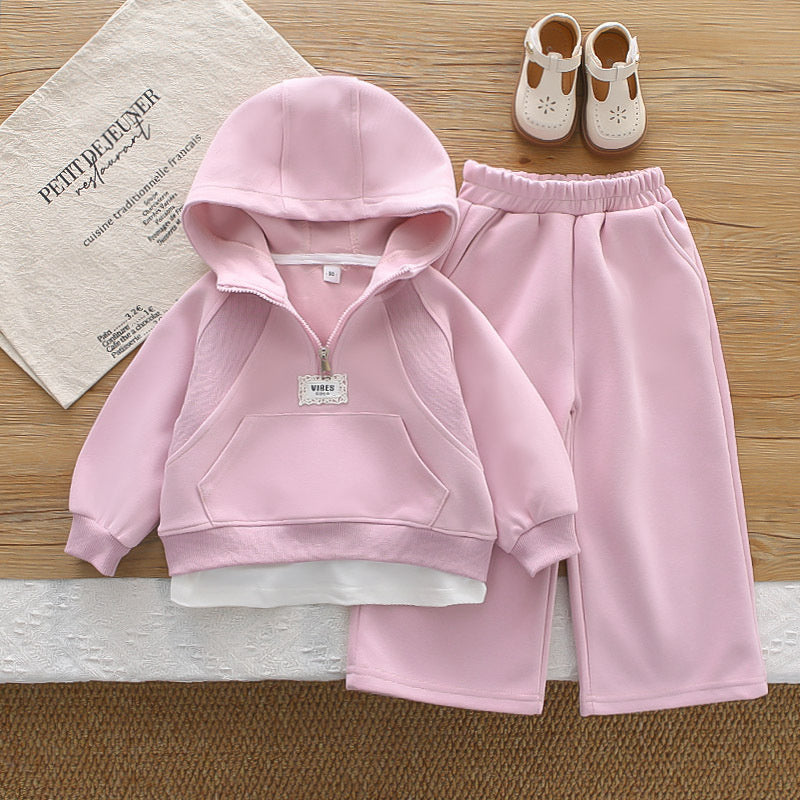 Girls' half-zip hoodie sweatshirt set, stylish new 2026 baby clothing, children's spring and autumn two-piece trendy outfit