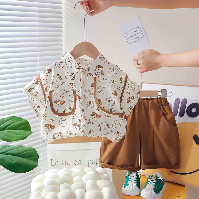 Boys' Summer Outfit 2026 New Style for 1-2-3 Years Old, Stylish Baby Casual Full-Print Short-Sleeve Shirt Two-Piece Set