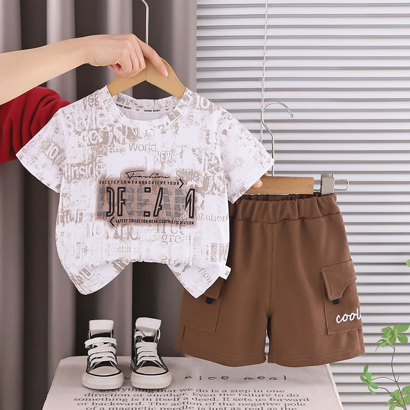 New stylish outfit for boys 2026, baby painted letter short-sleeve clothing, children's summer two-piece trendy set