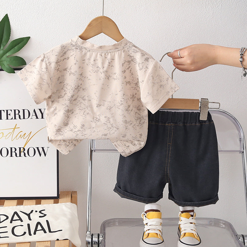 Boys' clothing, children's short-sleeve new style boys, summer letter-print two-piece set, stylish and trendy for ages 1-4